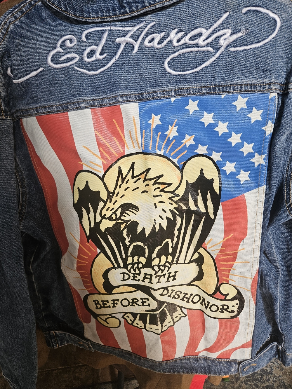 Ed Hardy Death Before Dishonor Eagle American Flag Denim Jacket Size XL Y2K